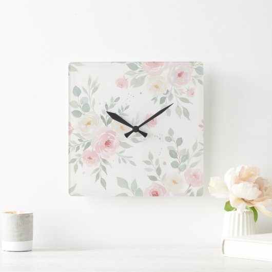 Waterverf Bloemen Muurklok – Pastel Roze & Groen Vierkante Klok (Huis)
