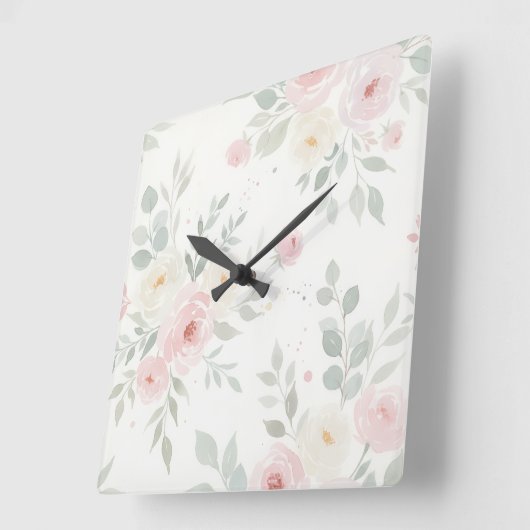 Waterverf Bloemen Muurklok – Pastel Roze & Groen Vierkante Klok (Hoek)