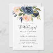 Waterverf Bloemen Navy Peach Wedding Kaart (Voorkant)