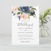 Waterverf Bloemen Navy Peach Wedding Kaart (Staand voorkant)