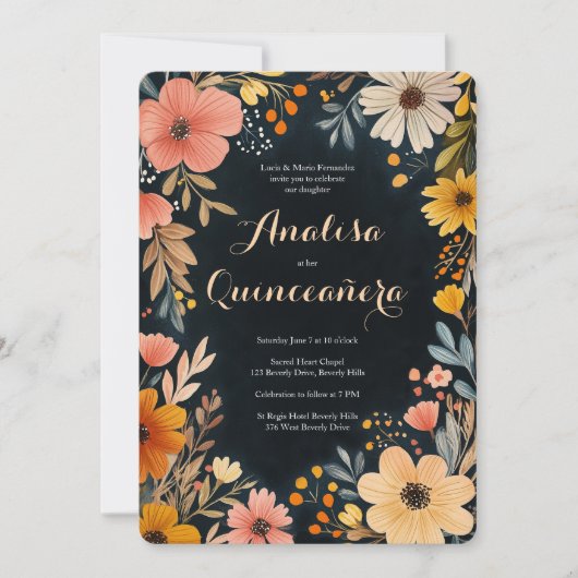 Waterverf Bloemen op Dark Quinceañera CUSTOM Kaart (Voorkant)