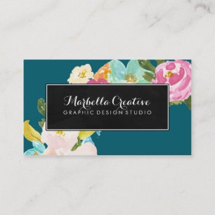 Waterverf bloemen op Turquoise met Cursief Visitekaartje