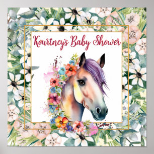 Waterverf Bloemen Paard Baby shower Poster