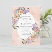 Waterverf Bloemen Paarse & Perzik bruiloft Kaart (Staand voorkant)