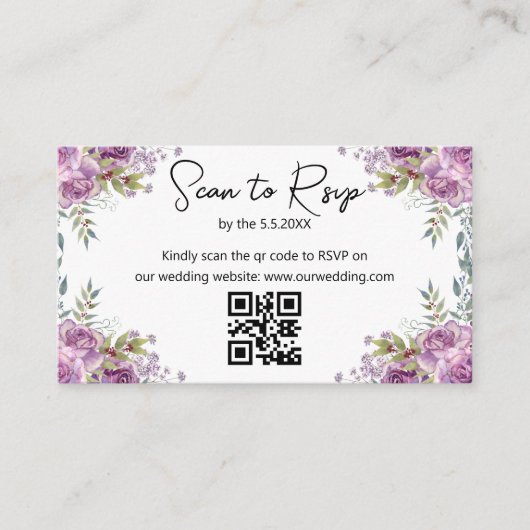 waterverf Bloemen paarse RSVP QR code bruiloft Informatiekaartje (Voorkant)