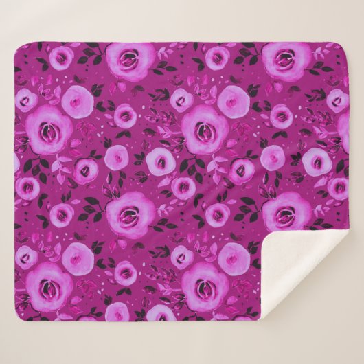 Waterverf Bloemen Patroon in Berry Magenta Sherpa Deken (Voorkant (horizontaal))