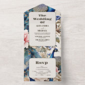 Waterverf Bloemen Peacock Chinoiserie Bruiloft All In One Uitnodiging (Binnen)
