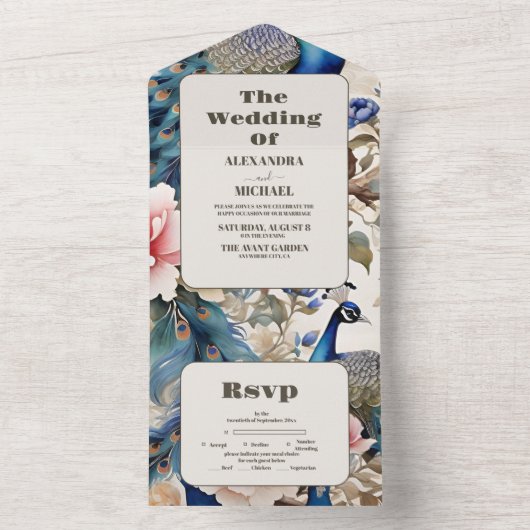 Waterverf Bloemen Peacock Chinoiserie Bruiloft All In One Uitnodiging (Binnen)