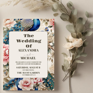 Waterverf Bloemen Peacock Chinoiserie Bruiloft Kaart