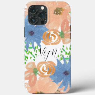 Waterverf Bloemen Perzik Blauw Monogram iPhone 13 Pro Max Hoesje