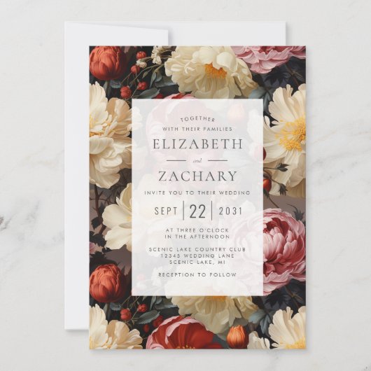 Waterverf Bloemen Pioenrozen Bruiloft Kaart (Voorkant)