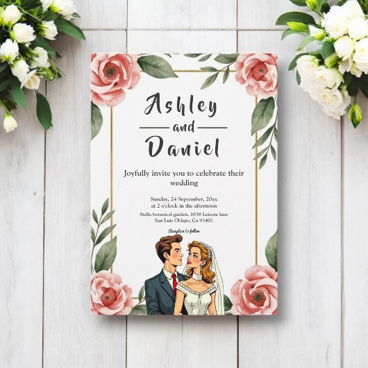 Waterverf Bloemen Romantische bruid en bruidegom b Kaart