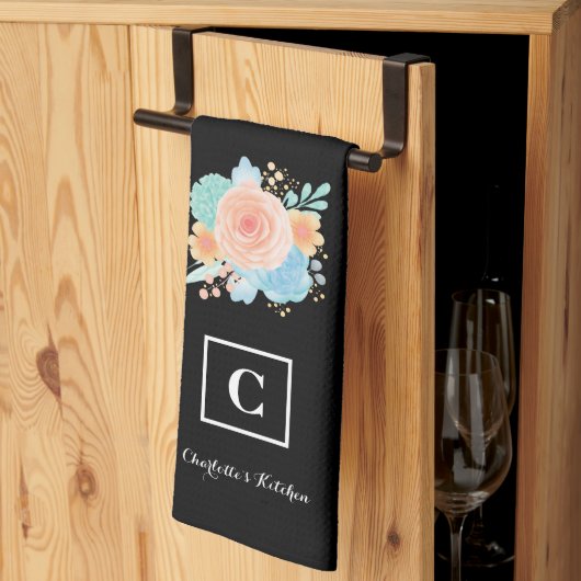 Waterverf Bloemen Roos Monogram Zwart Theedoek (Derde Gevouwen)