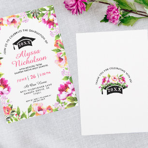 Waterverf Bloemen Roze Afstudeerder Uitnodiging