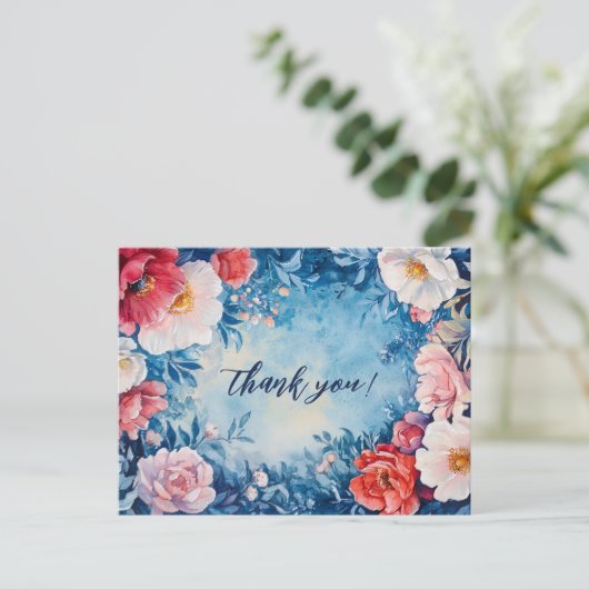 Waterverf Bloemen Roze Blauw DANK U CUSTOM Briefkaart (Staand voorkant)