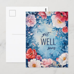 Waterverf Bloemen Roze Blauw GET WELL SOON CUSTOM Briefkaart