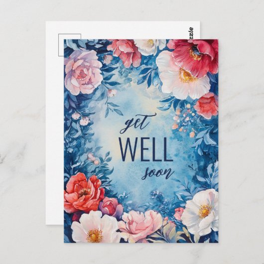 Waterverf Bloemen Roze Blauw GET WELL SOON CUSTOM Briefkaart (Voorkant / Achterkant)