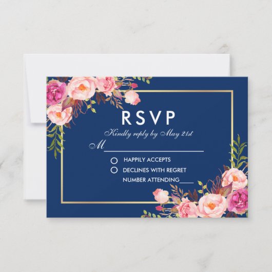 Waterverf Bloemen Roze Blush Blauw RSVP Bruiloft (Voorkant)