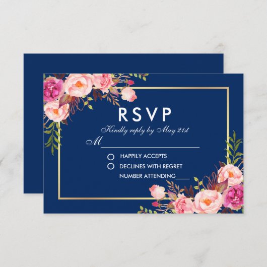 Waterverf Bloemen Roze Blush Blauw RSVP Bruiloft (Voorkant / Achterkant)