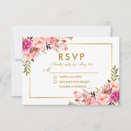 Waterverf Bloemen Roze Blush Goud RSVP Bruiloft (Voorkant)