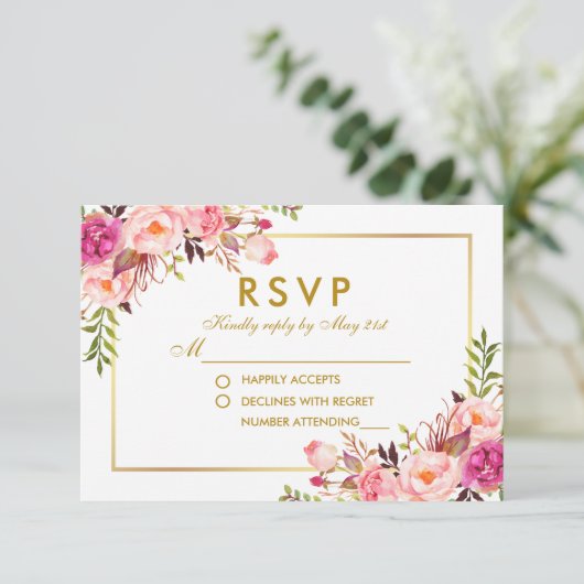 Waterverf Bloemen Roze Blush Goud RSVP Bruiloft (Staand voorkant)