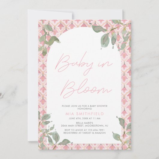 Waterverf Bloemen Roze Tegel Baby in Bloemdouche Kaart (Voorkant)