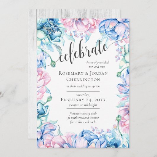 Waterverf Bloemen & Rustiek Hout Bruiloft Receptie Kaart (Voorkant / Achterkant)