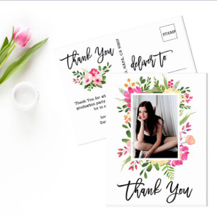 Waterverf bloemen Script Foto bedankt Briefkaart