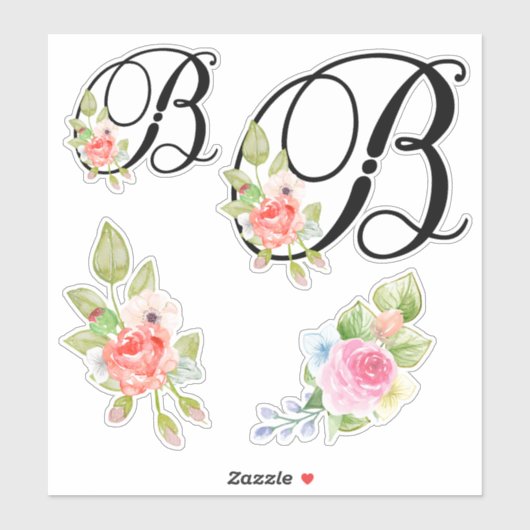 Waterverf Bloemen Script Monogram Letter B Sticker (Vel)