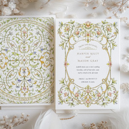  Waterverf Bloemen Scrollwork bruiloft Kaart