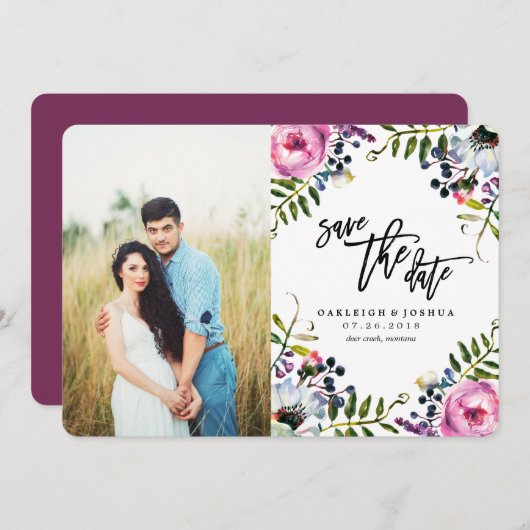 Waterverf Bloemen sparen de Datum met Foto Save The Date (Voorkant / Achterkant)