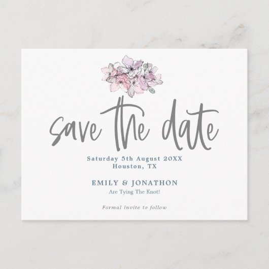 Waterverf Bloemen Stijlvol script Save the date Briefkaart (Voorkant)