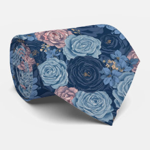 Waterverf Bloemen Stof Blauw Marine Rozen Stropdas