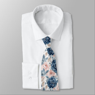 Waterverf Bloemen Stof Blauw Marine Rozen Stropdas