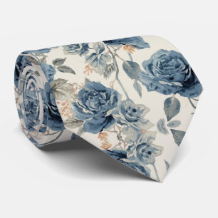 Waterverf Bloemen Stof Blauw Marine Rozen Stropdas