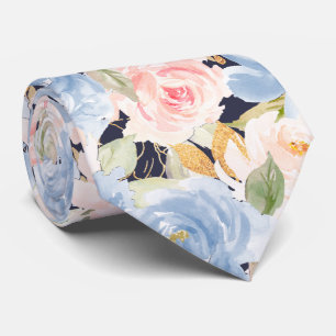 Waterverf Bloemen Stof Blauw Stof Roze Rozen Stropdas