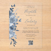 Waterverf Bloemen Stoffig Blauw QR Code Huwelijk Acryl Uitnodigingen (Voorkant)
