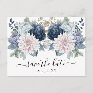 Waterverf Bloemen stoffig blauw Save the Date Briefkaart