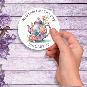  Waterverf Bloemen Theepot Nationale Hot Tea Ronde Sticker