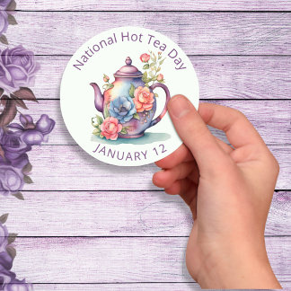  Waterverf Bloemen Theepot Nationale Hot Tea Ronde Sticker