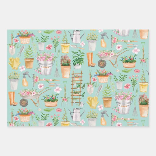 Waterverf Bloemen Tuingereedschap Tuinpatroon Inpakpapier Vel (Voorkant)