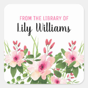 Waterverf Bloemen uit de Bibliotheek van Bookplate Vierkante Sticker