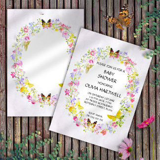 ~Waterverf Bloemen- & Vlinderkrans Baby Shower Kaart