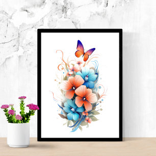 Waterverf Bloemen Vlinders Blauw Sinaasappel Poster