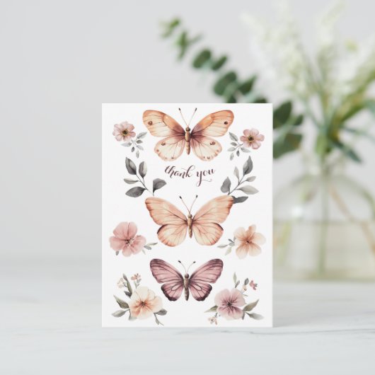 Waterverf Bloemen Vlinders Dank u Briefkaart (Staand voorkant)