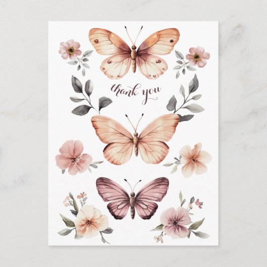 Waterverf Bloemen Vlinders Dank u Briefkaart (Voorkant)