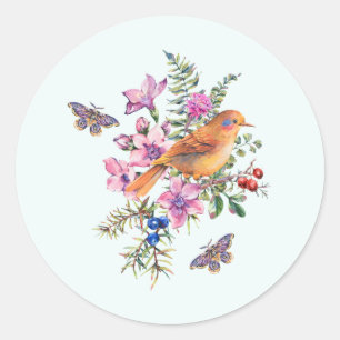 Waterverf bloemen, vogel en vlinder ronde sticker