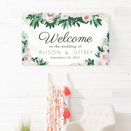 Waterverf Bloemen Wit Groen Bruiloft Welkom Spandoek (Insitu)