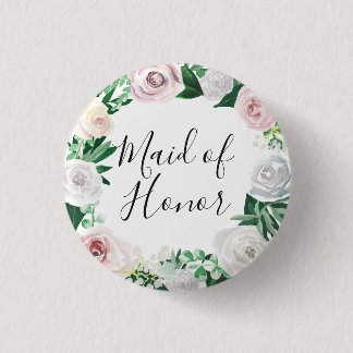 Waterverf Bloemen Wit Groen Maid of Honor Ronde Button 3,2 Cm
