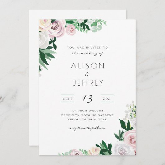 Waterverf Bloemen Wit Groen Roze Bruiloft Kaart (Voorkant / Achterkant)